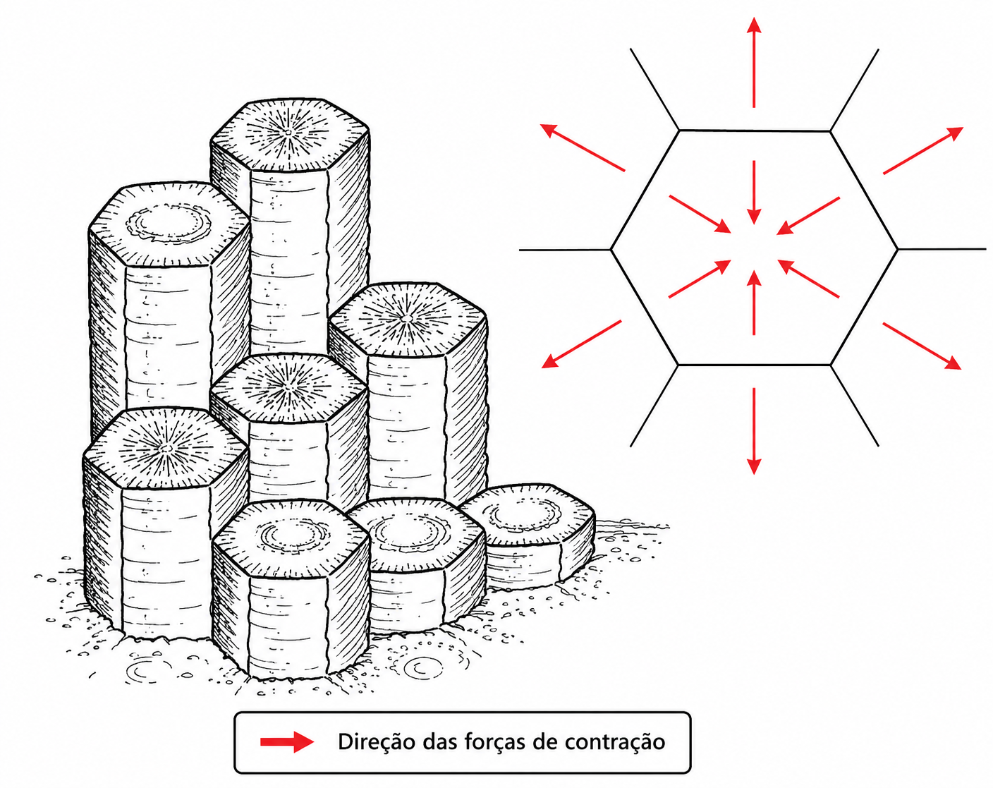 Esquema representativo das forças que envolvem a formação de colunas prismáticas